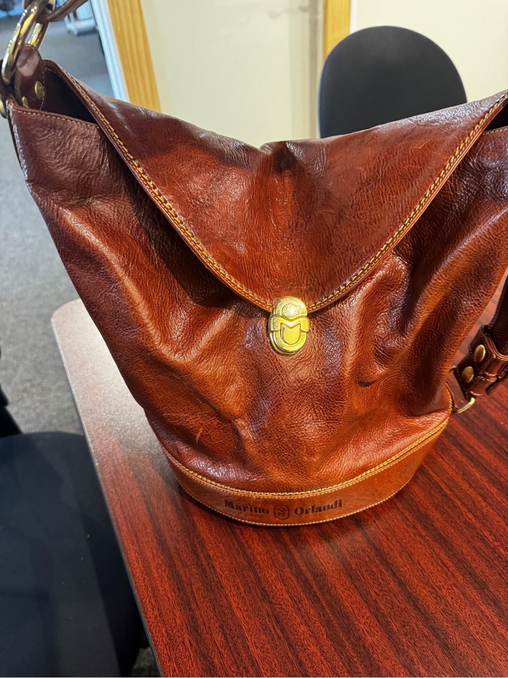 Marino Orlandi Chestnut Brown Leather Messenger Bag with Gold Hardware
